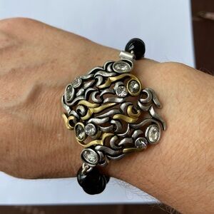 CLB NYC bracelet mixed metals, crystals, black beads, knotted, 8”